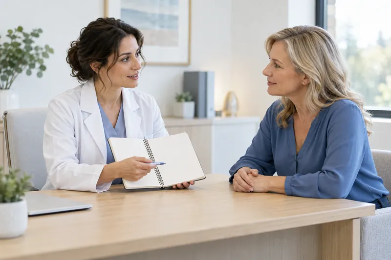 Imagen ilustrativa para la guía de Aumento de pecho: dos mujeres adultas conversando en una consulta.